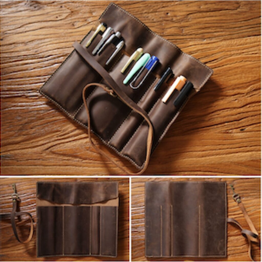 Su.B.dgn Leather Roll Pencil Case in Top-Grain Cowhide – Handmade Organizer for 10 Pencils - Coffee