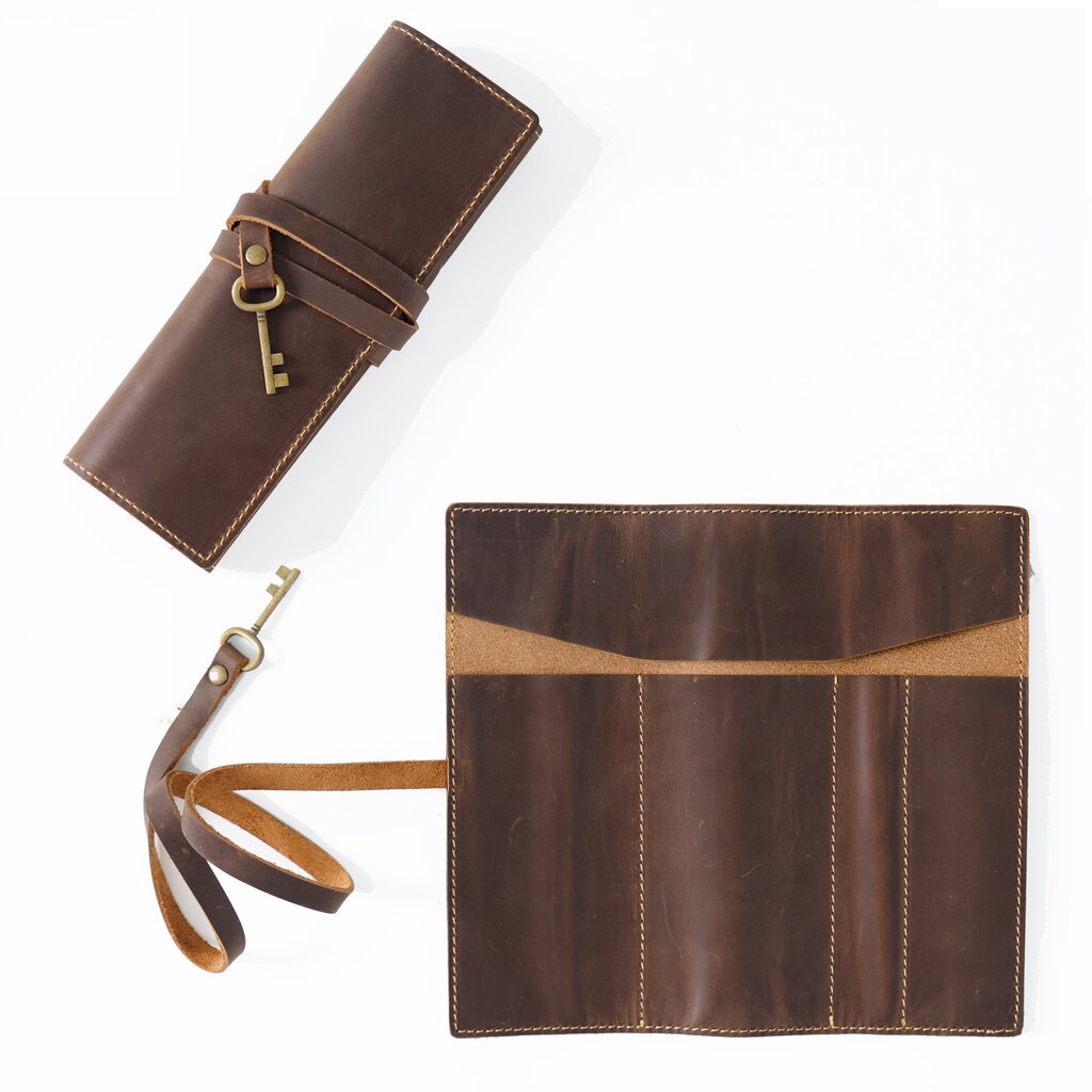 Su.B.dgn Leather Roll Pencil Case in Top-Grain Cowhide – Handmade Organizer for 10 Pencils - Coffee