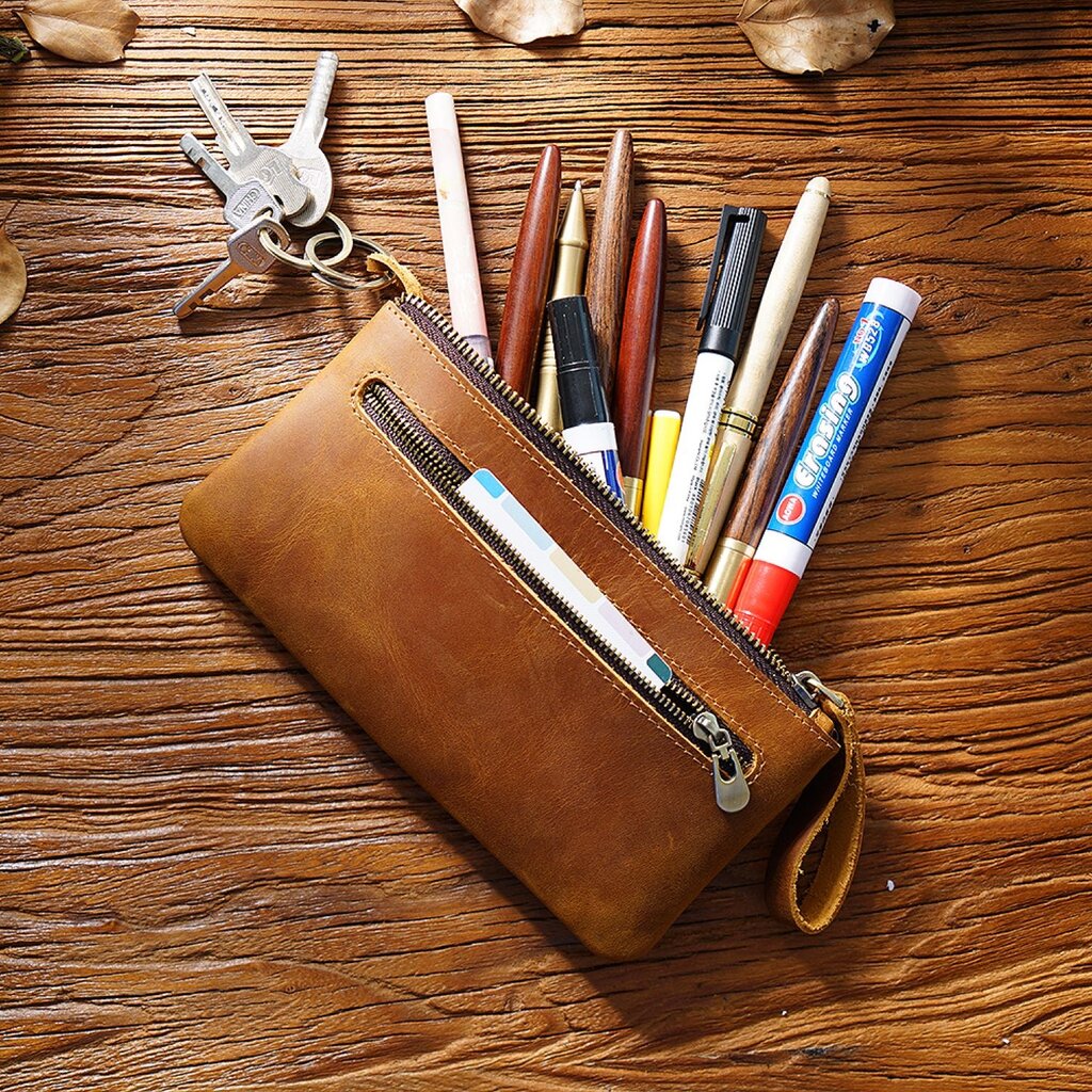 Su.B.dgn Large Capacity Leather Pencil Case in Top-Grain Cowhide with Zipper & Key Ring - Brown