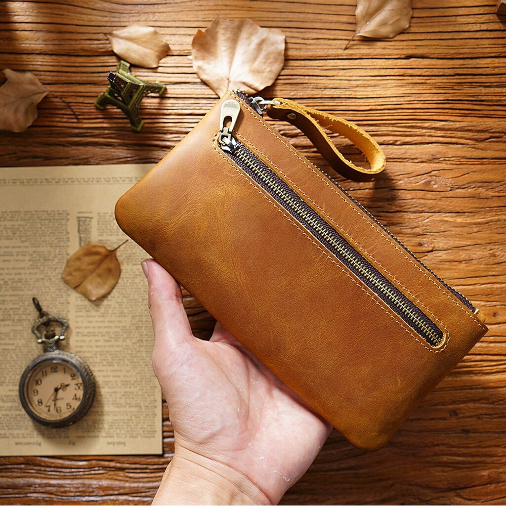 Su.B.dgn Large Capacity Leather Pencil Case in Top-Grain Cowhide with Zipper & Key Ring - Brown
