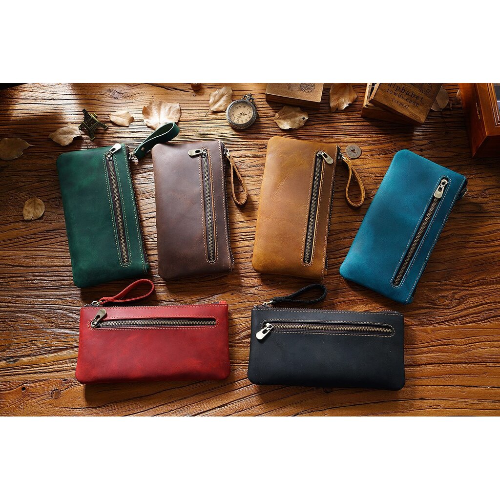 Su.B.dgn Large Capacity Leather Pencil Case in Top-Grain Cowhide with Zipper & Key Ring - Brown