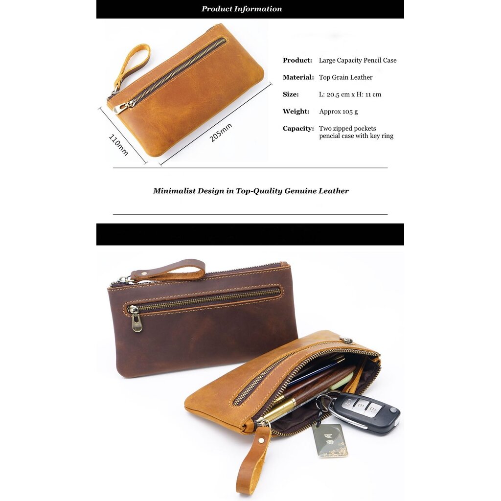 Su.B.dgn Large Capacity Leather Pencil Case in Top-Grain Cowhide with Zipper & Key Ring - For 20+ Pens - Black