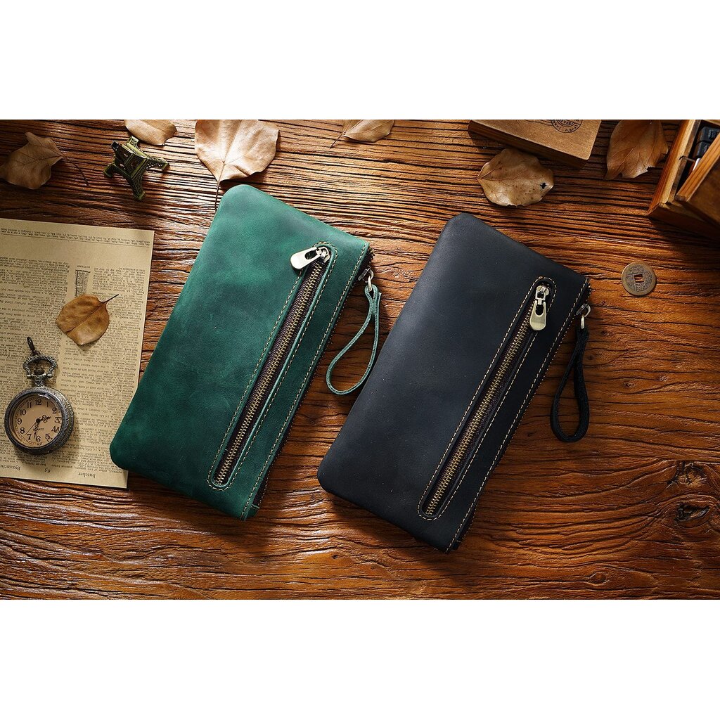 Su.B.dgn Large Capacity Leather Pencil Case in Top-Grain Cowhide with Zipper & Key Ring - For 20+ Pens - Black