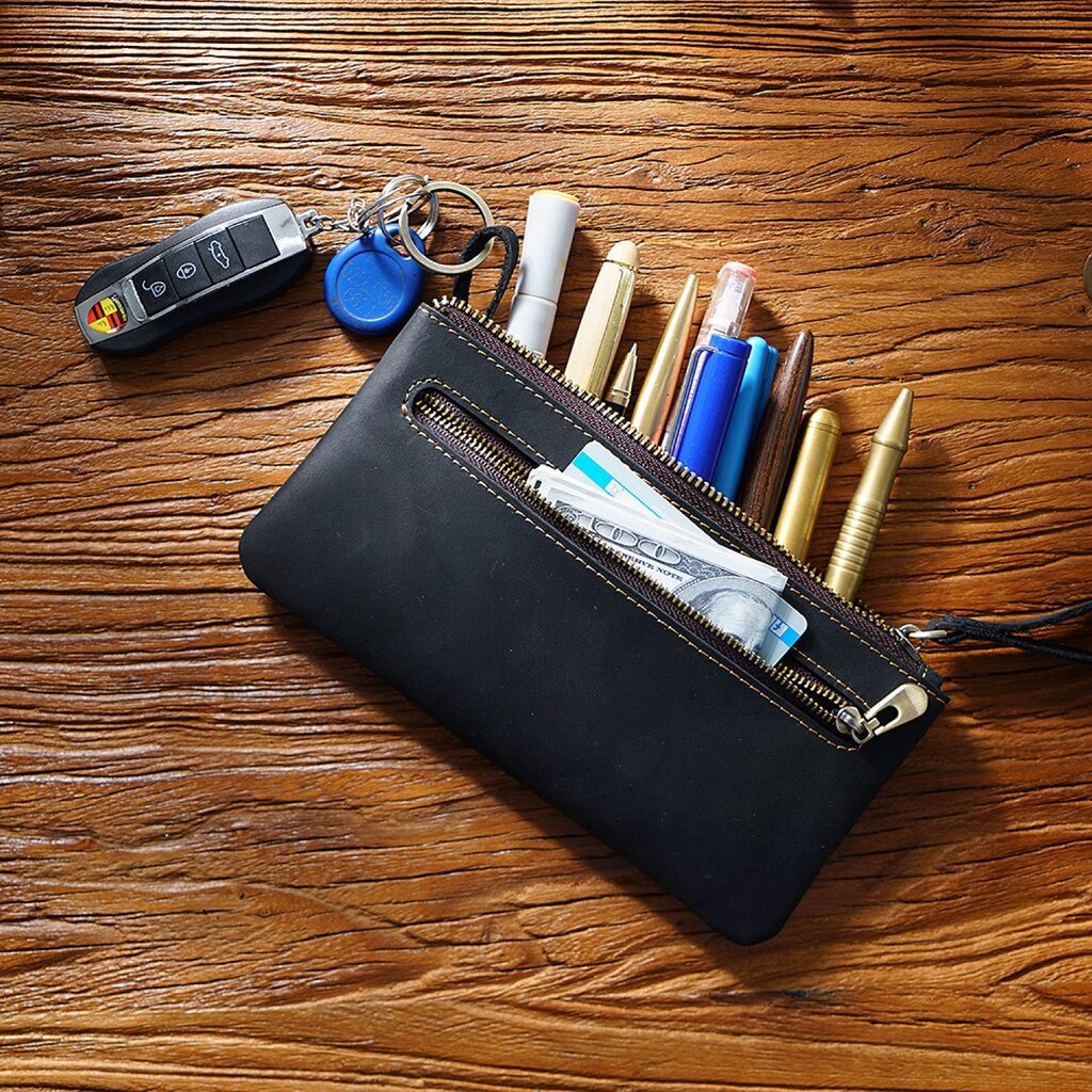 Su.B.dgn Large Capacity Leather Pencil Case in Top-Grain Cowhide with Zipper & Key Ring - For 20+ Pens - Black