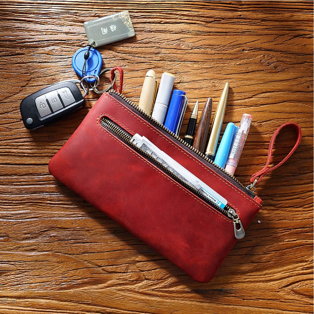 Su.B.dgn Large Capacity Leather Pencil Case in Top-Grain Cowhide with Zipper & Key Ring - Red