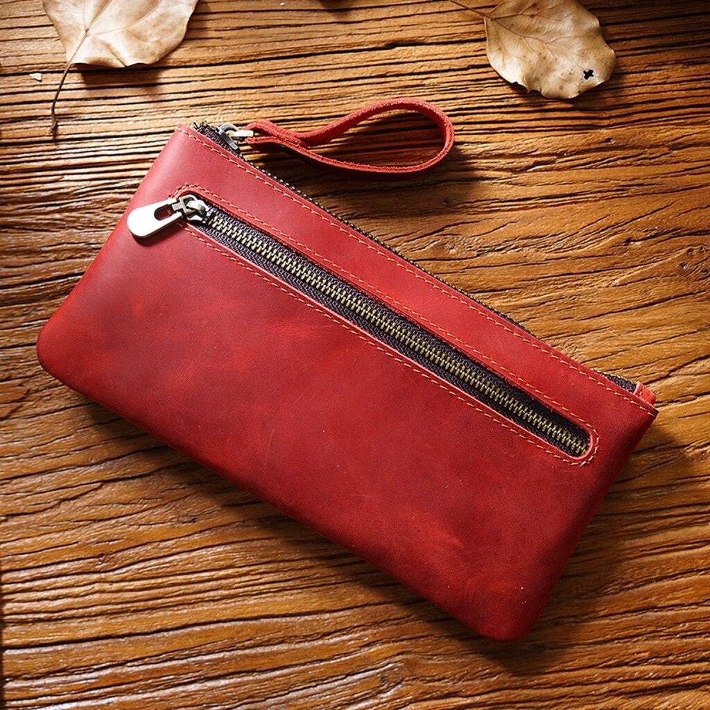 Su.B.dgn Large Capacity Leather Pencil Case in Top-Grain Cowhide with Zipper & Key Ring - Red