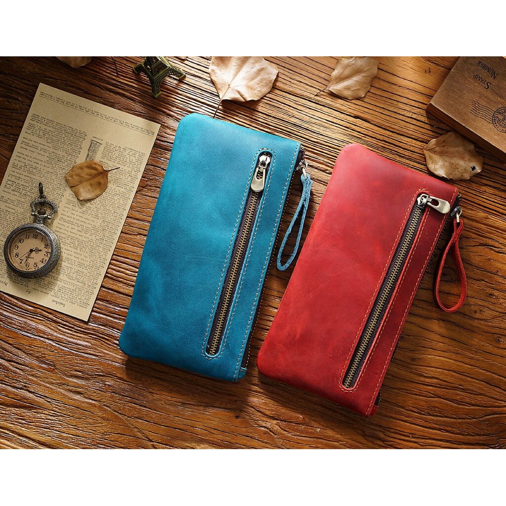 Su.B.dgn Large Capacity Leather Pencil Case in Top-Grain Cowhide with Zipper & Key Ring - For 20+ Pens - Blue