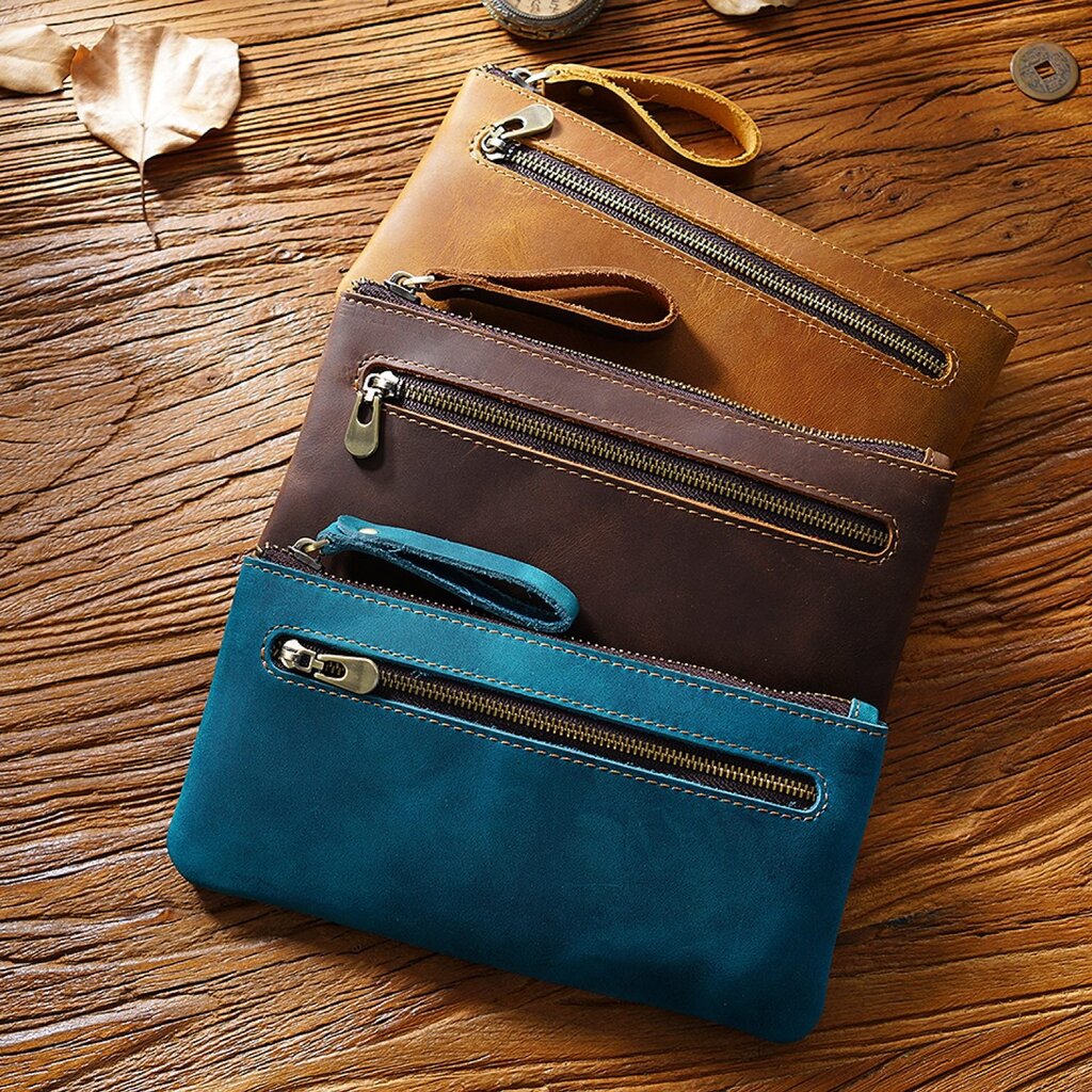 Su.B.dgn Large Capacity Leather Pencil Case in Top-Grain Cowhide with Zipper & Key Ring - For 20+ Pens - Blue