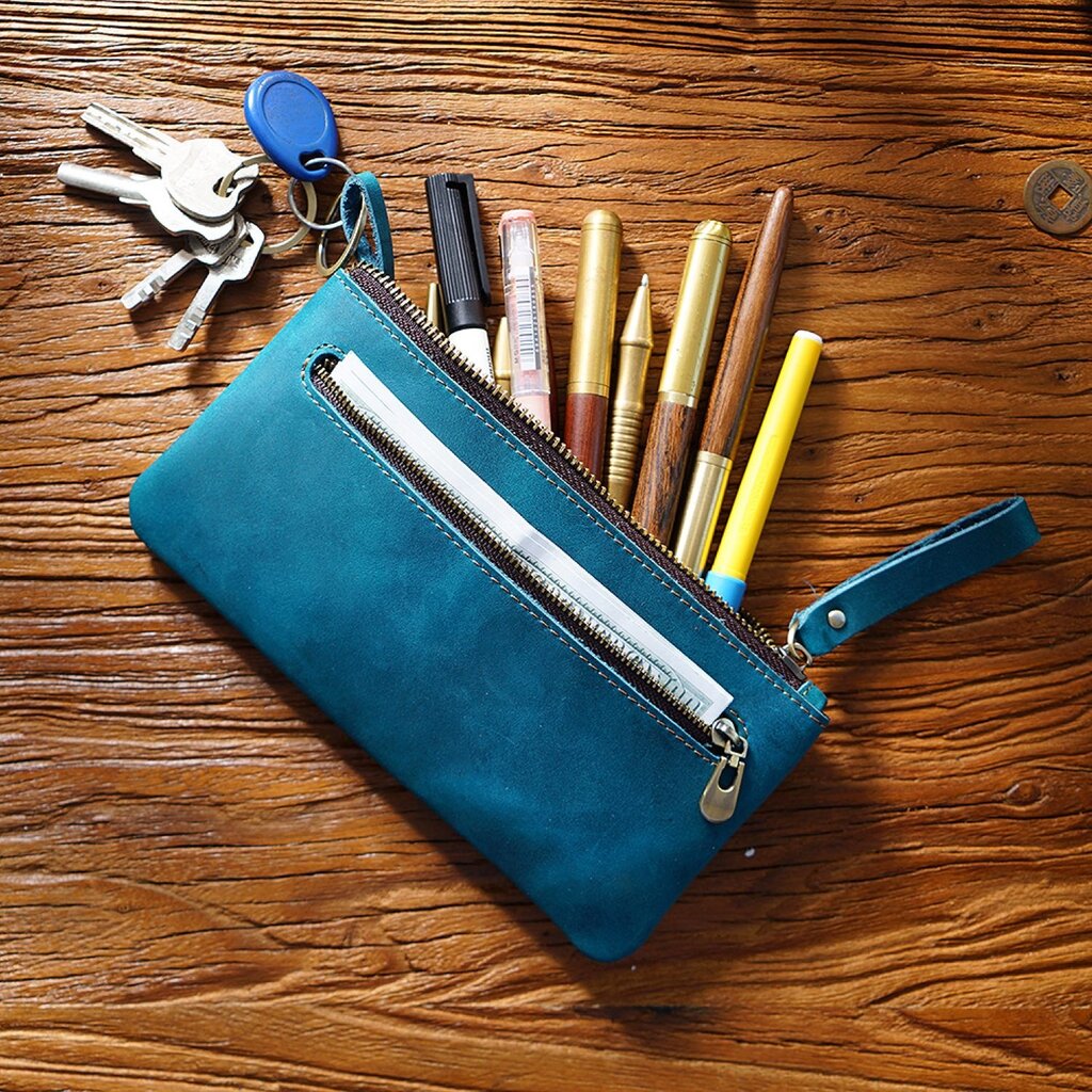 Su.B.dgn Large Capacity Leather Pencil Case in Top-Grain Cowhide with Zipper & Key Ring - For 20+ Pens - Blue