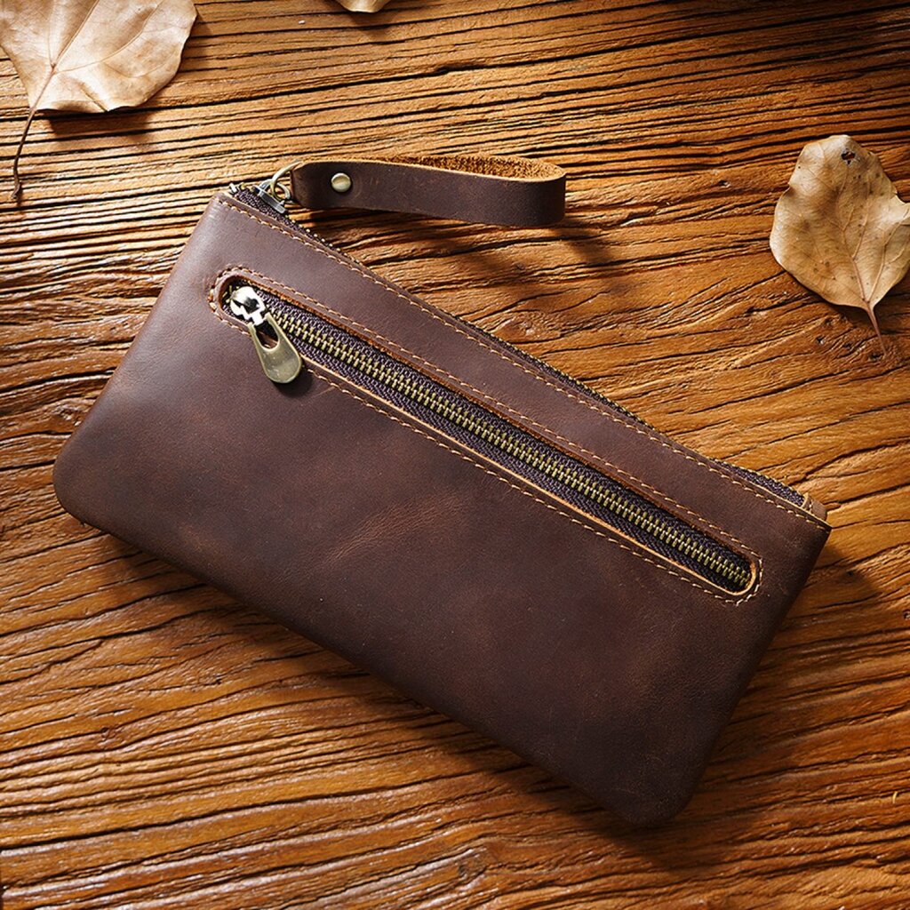 Su.B.dgn Large Capacity Leather Pencil Case in Top-Grain Cowhide with Zipper & Key Ring - For 20+ Pens - Coffee