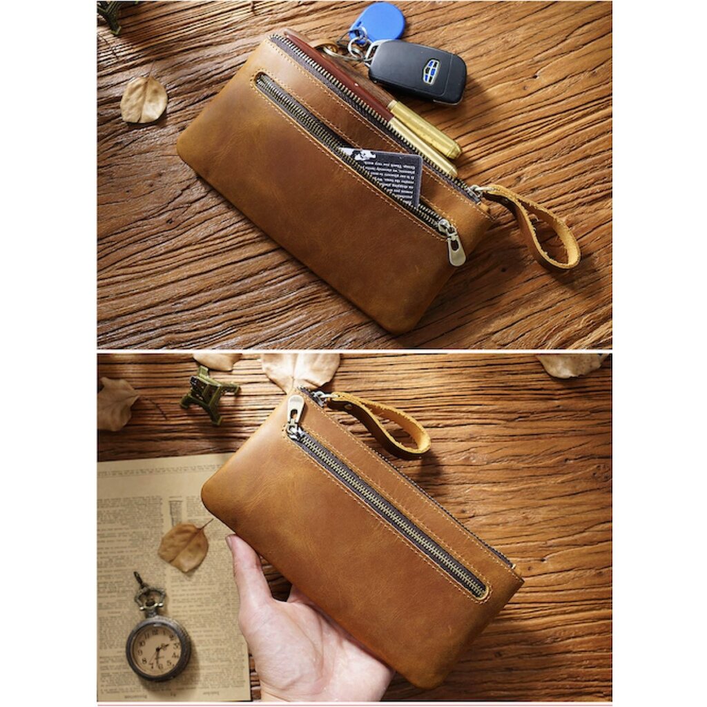 Su.B.dgn Large Capacity Leather Pencil Case in Top-Grain Cowhide with Zipper & Key Ring - Brown