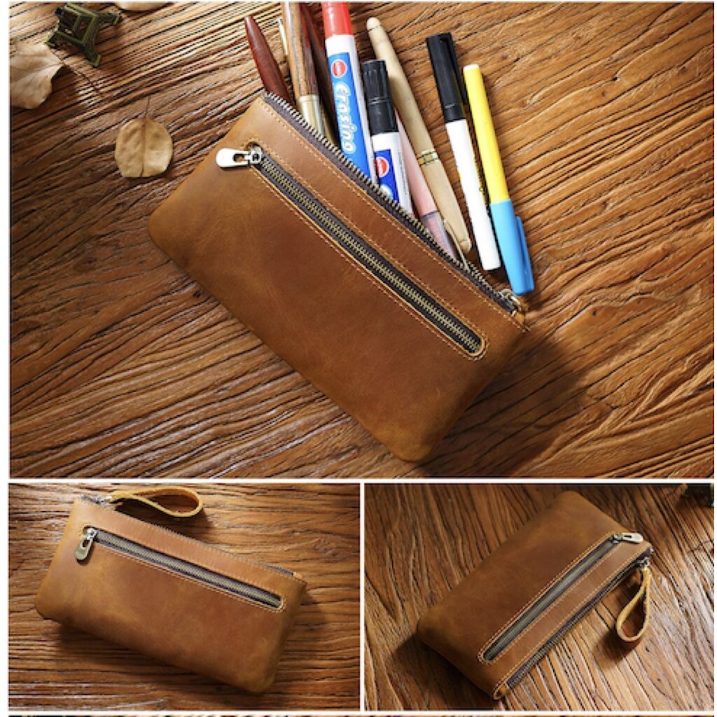 Su.B.dgn Large Capacity Leather Pencil Case in Top-Grain Cowhide with Zipper & Key Ring - Brown
