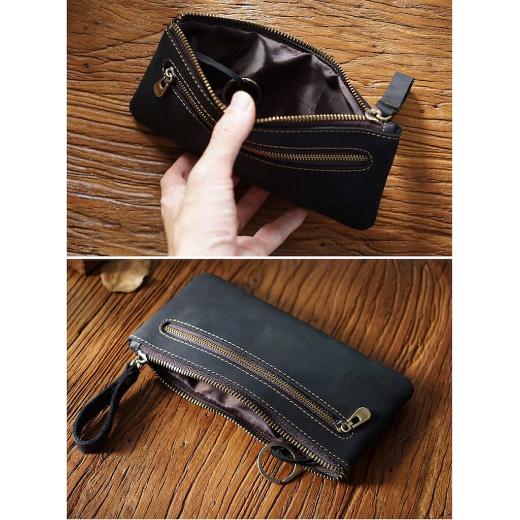 Su.B.dgn Large Capacity Leather Pencil Case in Top-Grain Cowhide with Zipper & Key Ring - For 20+ Pens - Black