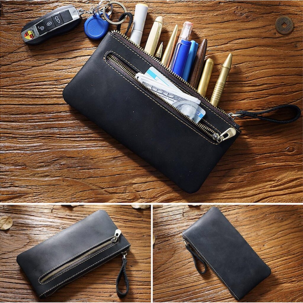 Su.B.dgn Grote Leren Pennenzak van Top-Grain Rundleer met Rits en Sleutelring - Voor 20+ Pennen - Zwart