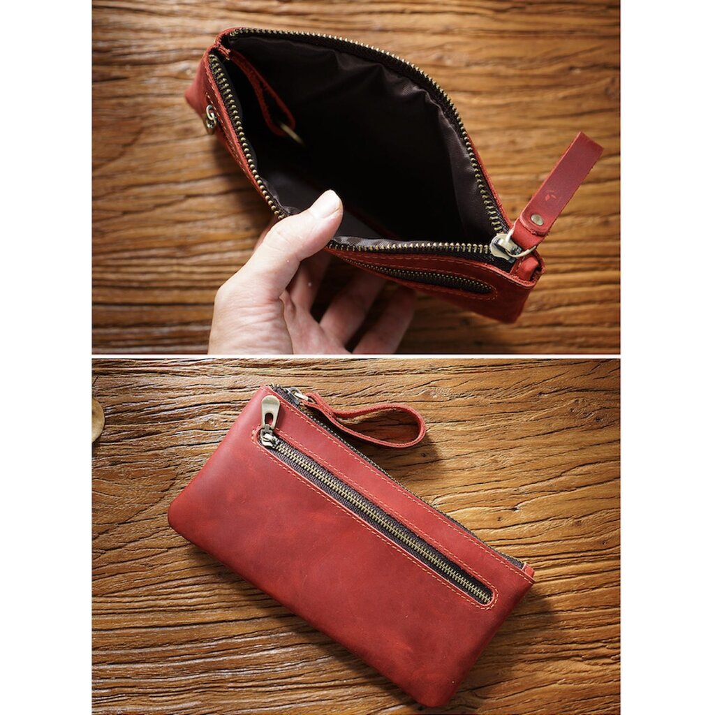 Su.B.dgn Großes Leder Stifteetui aus Top-Grain Rindsleder mit Reißverschluss und Schlüsselring - Für 20+ Stifte - Rot