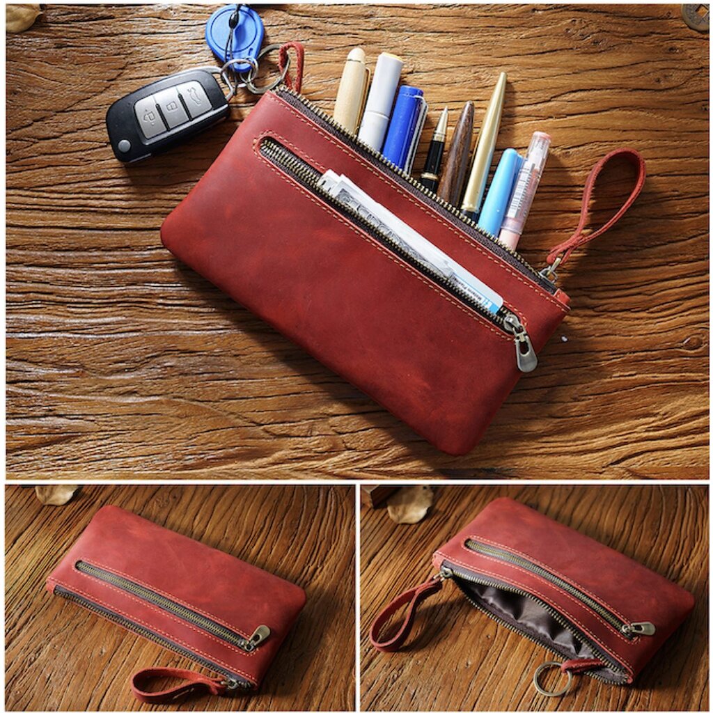 Su.B.dgn Large Capacity Leather Pencil Case in Top-Grain Cowhide with Zipper & Key Ring - Red