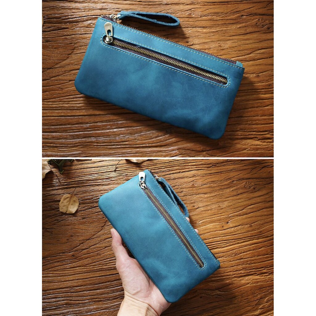 Su.B.dgn Large Capacity Leather Pencil Case in Top-Grain Cowhide with Zipper & Key Ring - For 20+ Pens - Blue