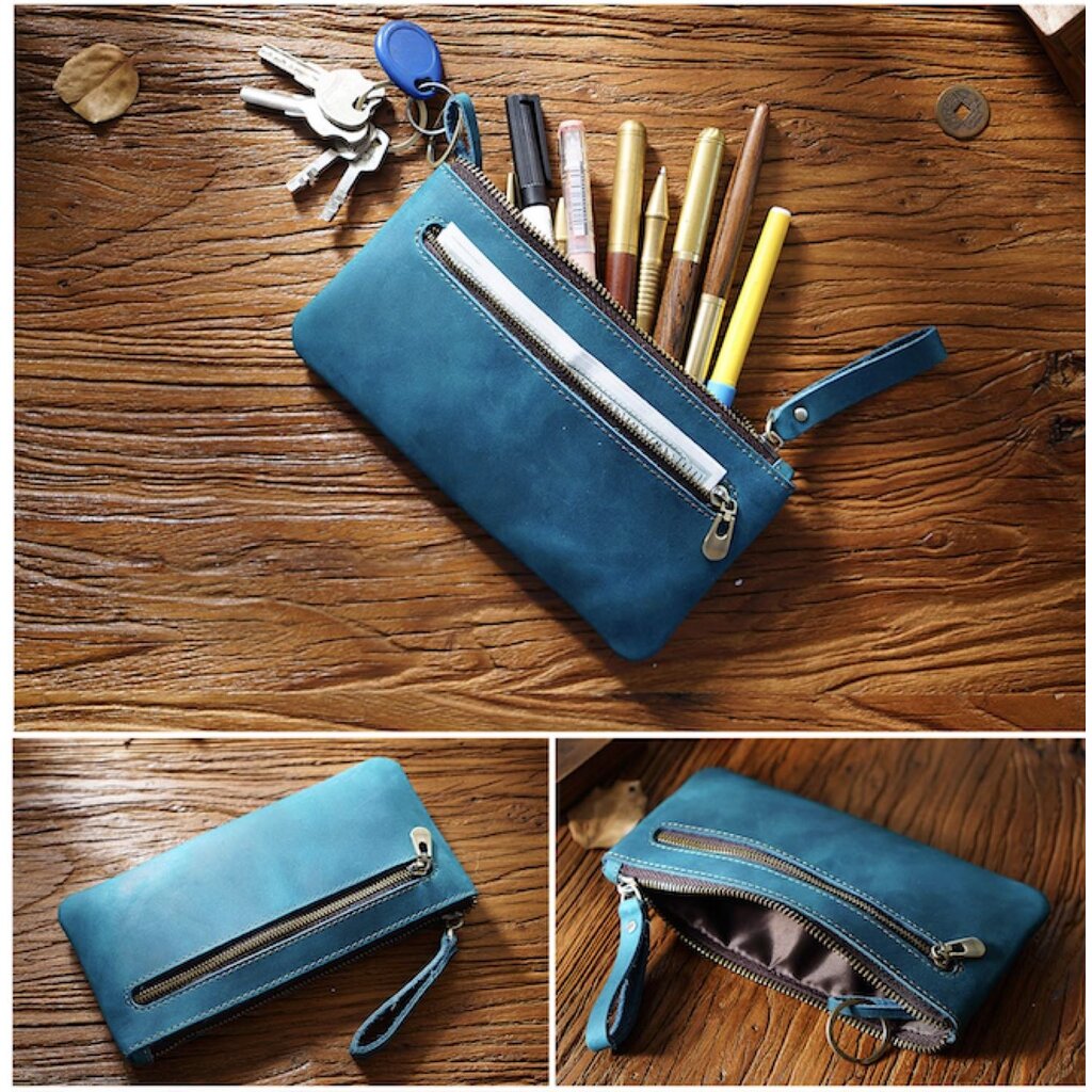Su.B.dgn Large Capacity Leather Pencil Case in Top-Grain Cowhide with Zipper & Key Ring - For 20+ Pens - Blue