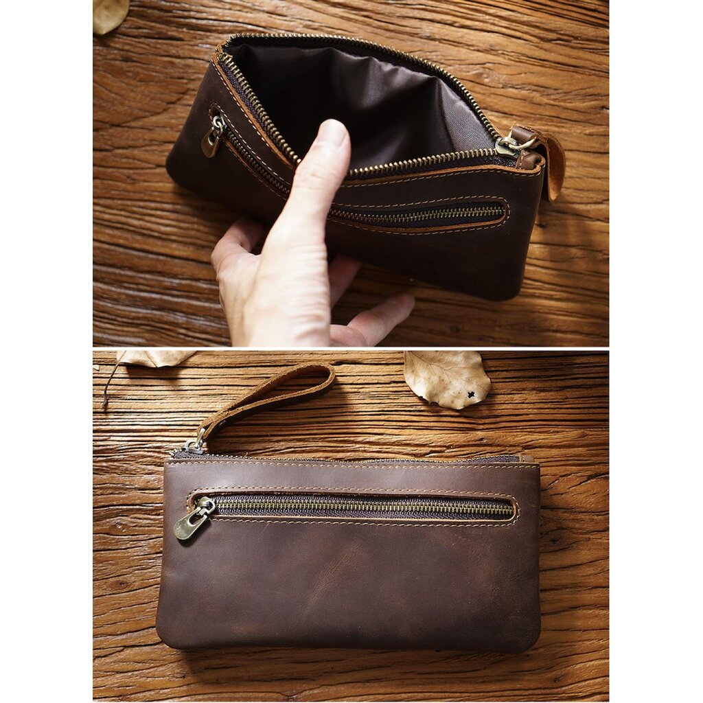 Su.B.dgn Large Capacity Leather Pencil Case in Top-Grain Cowhide with Zipper & Key Ring - For 20+ Pens - Coffee