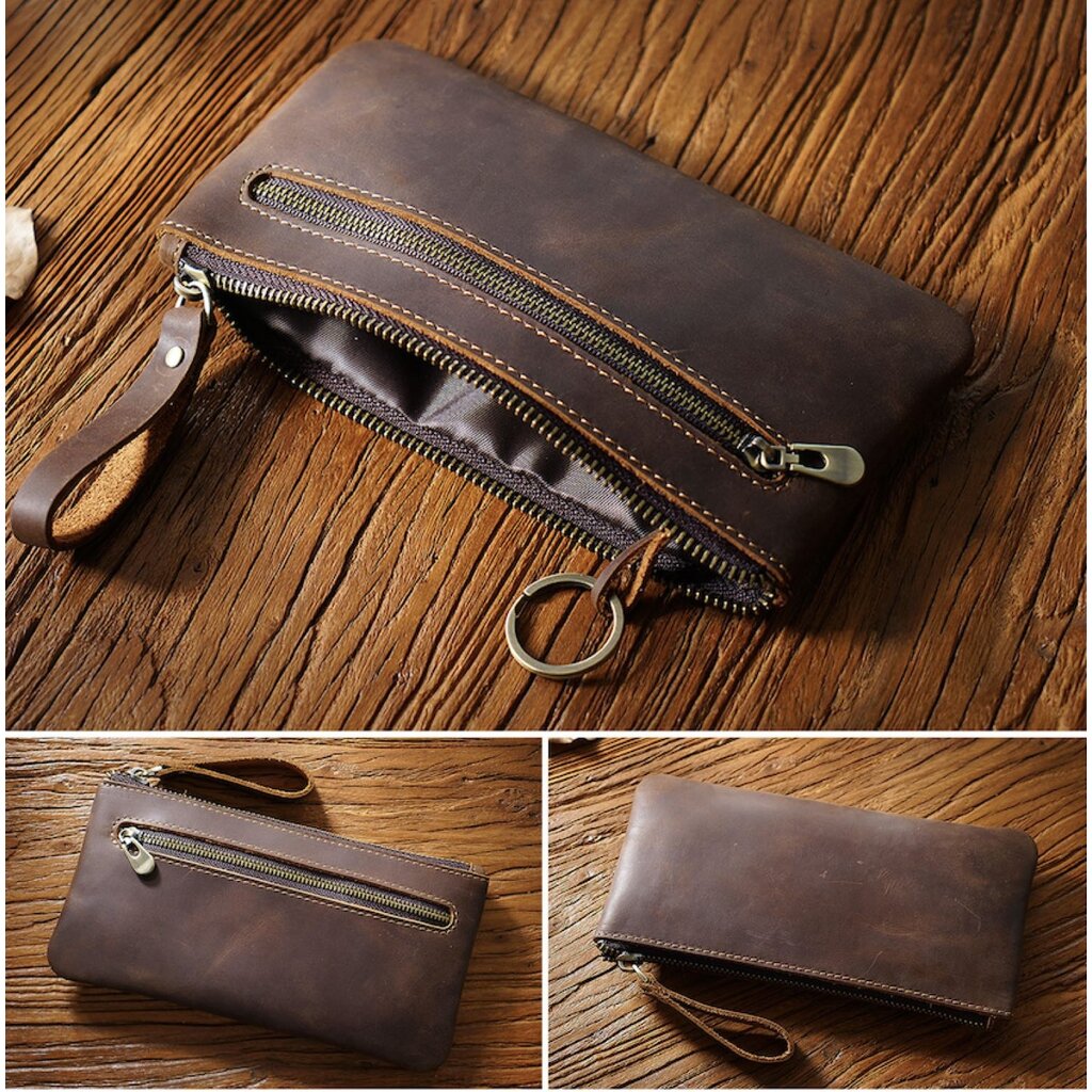 Su.B.dgn Large Capacity Leather Pencil Case in Top-Grain Cowhide with Zipper & Key Ring - For 20+ Pens - Coffee