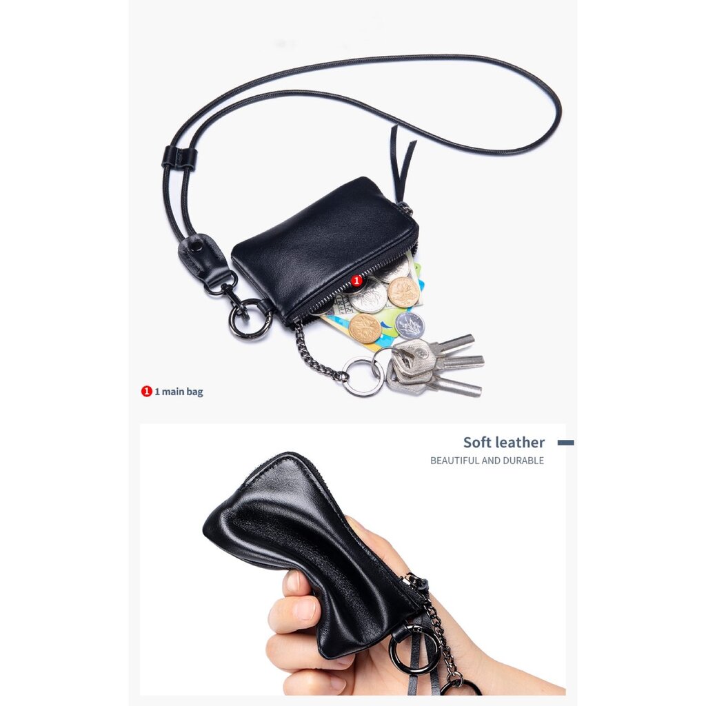 Su.B.dgn Leder Schlüssel Etui & Münzgeldbörse – 3-in-1 Mini Geldbörse mit Reißverschluss, Kartenfach & Umhängeband – Leder - Schwarz