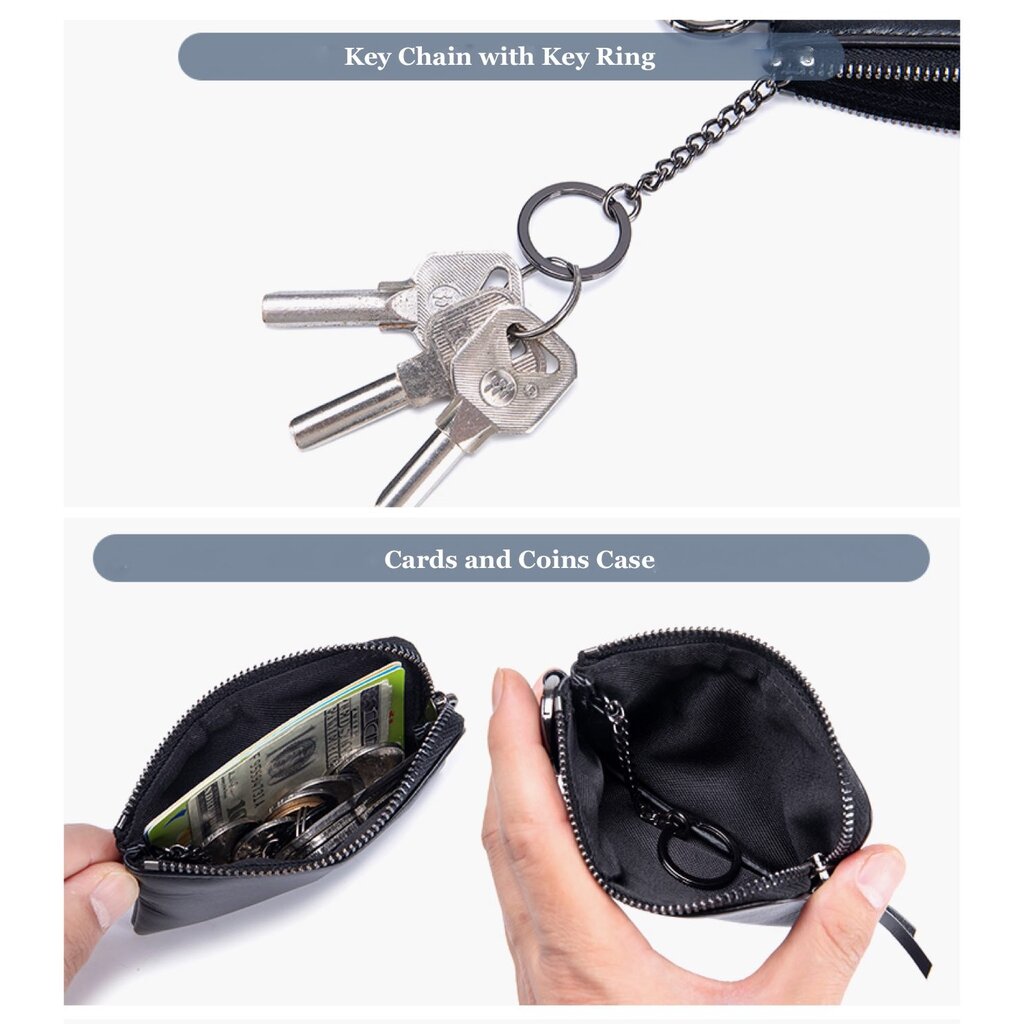 Su.B.dgn Leder Schlüssel Etui & Münzgeldbörse – 3-in-1 Mini Geldbörse mit Reißverschluss, Kartenfach & Umhängeband – Leder - Schwarz