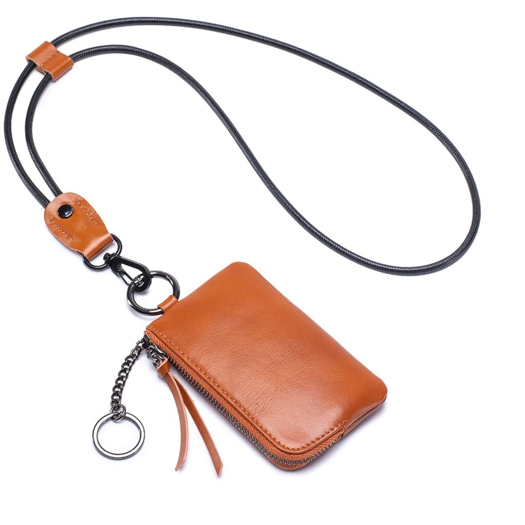 Su.B.dgn Leather Key Case & Coin Purse – 3-in-1 Mini Wallet with Zipper, Card Holder & Neck Strap – Leather - Brown