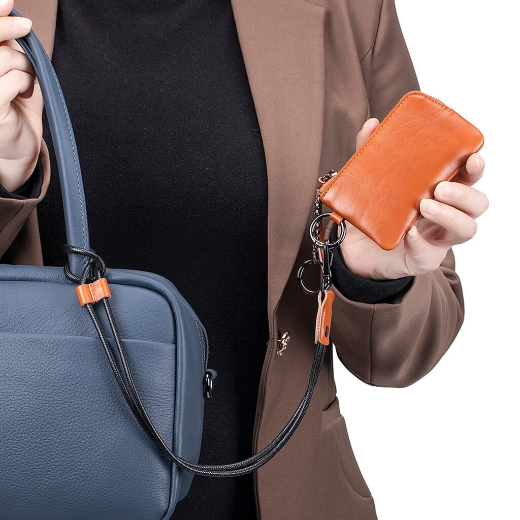 Su.B.dgn Leder Schlüssel Etui & Münzgeldbörse – 3-in-1 Mini Geldbörse mit Reißverschluss, Kartenfach & Umhängeband – Leder - Braun