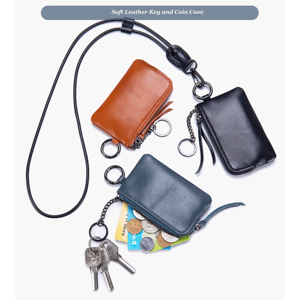 Su.B.dgn Leder Schlüssel Etui & Münzgeldbörse – 3-in-1 Mini Geldbörse mit Reißverschluss, Kartenfach & Umhängeband – Leder - Blau