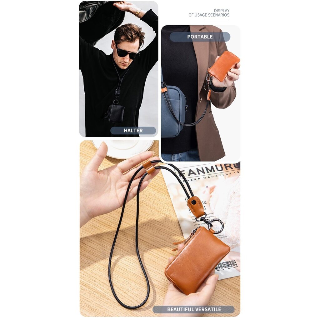 Su.B.dgn Leather Key Case & Coin Purse – 3-in-1 Mini Wallet with Zipper, Card Holder & Neck Strap – Leather - Blue