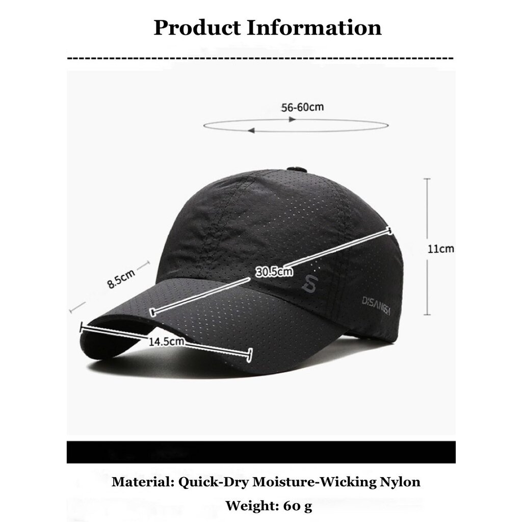 Su.B.dgn Perforierte Baseball Cap – Atmungsaktive, Schnell Trocknende Sportmütze mit Verstellbarem Sitz und UV-Schutz für Herren und Damen - Grau