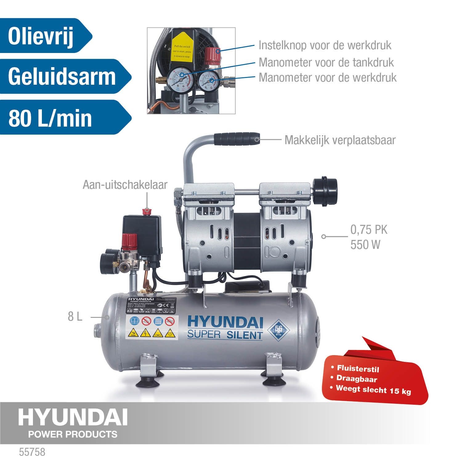 Hyundai Compressor Silent 8 Bar - 8 Liter thumbnail 9