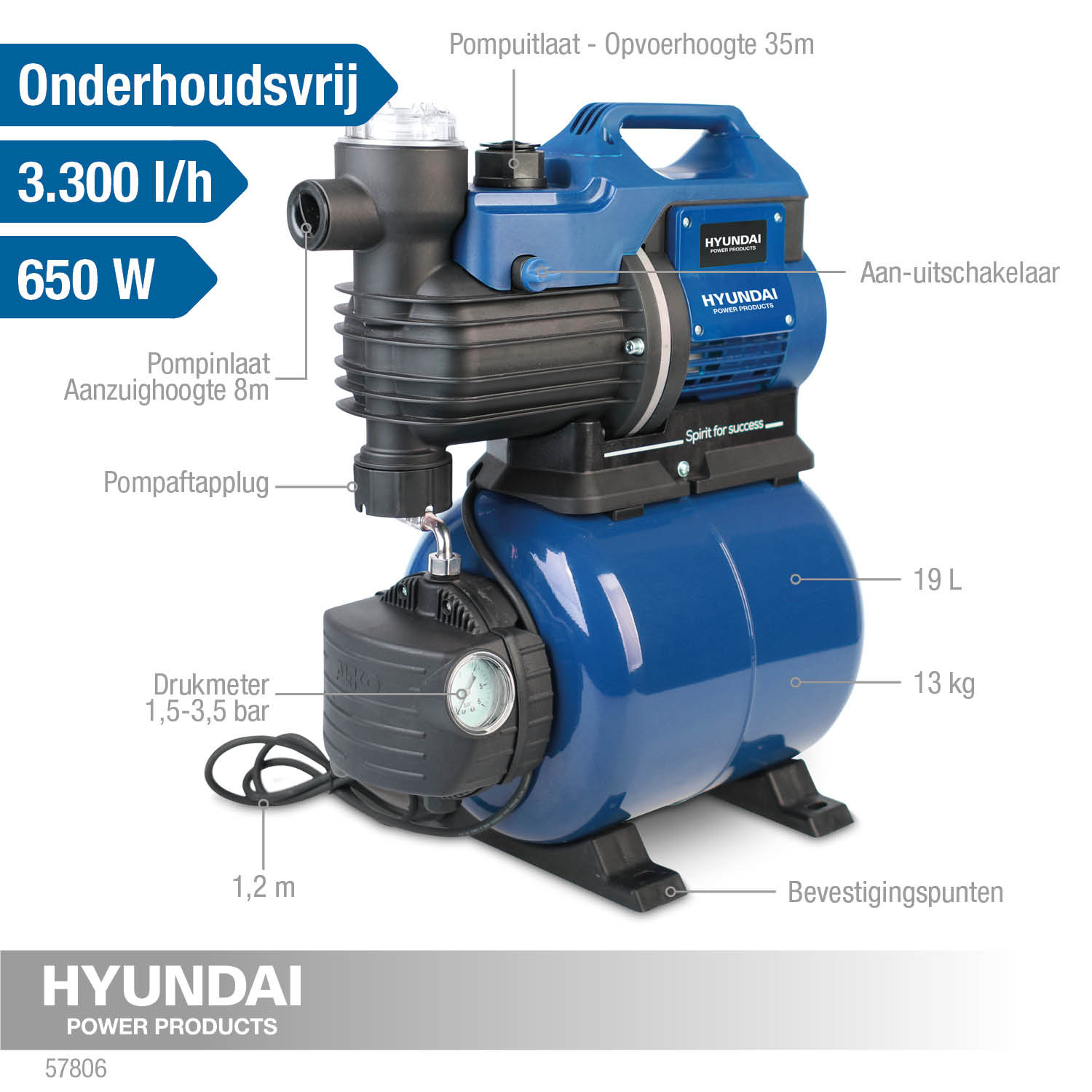 Hyundai Hydrofoorpomp 3300 L/H - 650W-57806 - Detailed view of the product