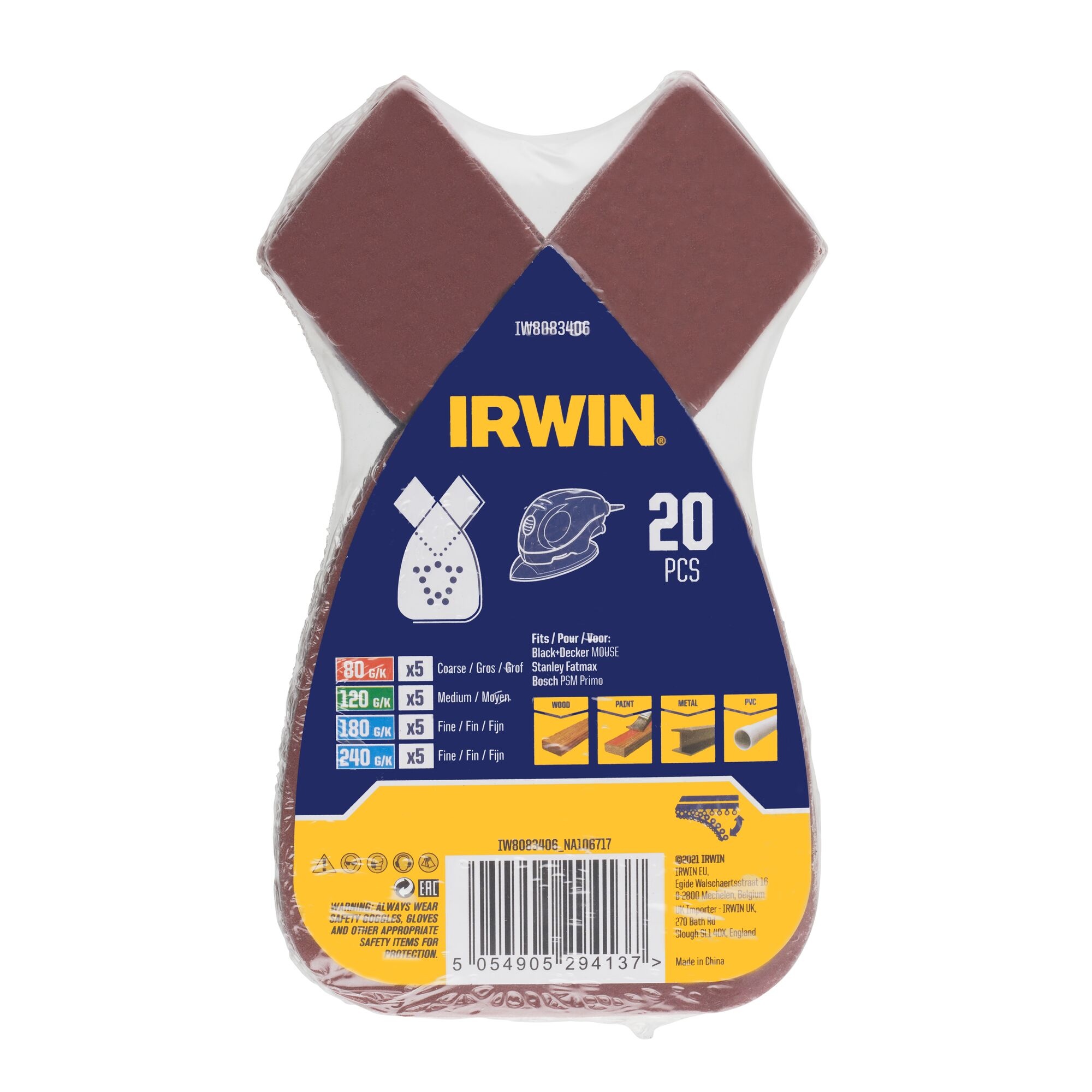 IRWIN Set Schuurstroken Black&Decker Mouse 20PCS, klittenband, 5x K80, 5x K120, 5x K180 en 5x K240. - Detailed view of the product