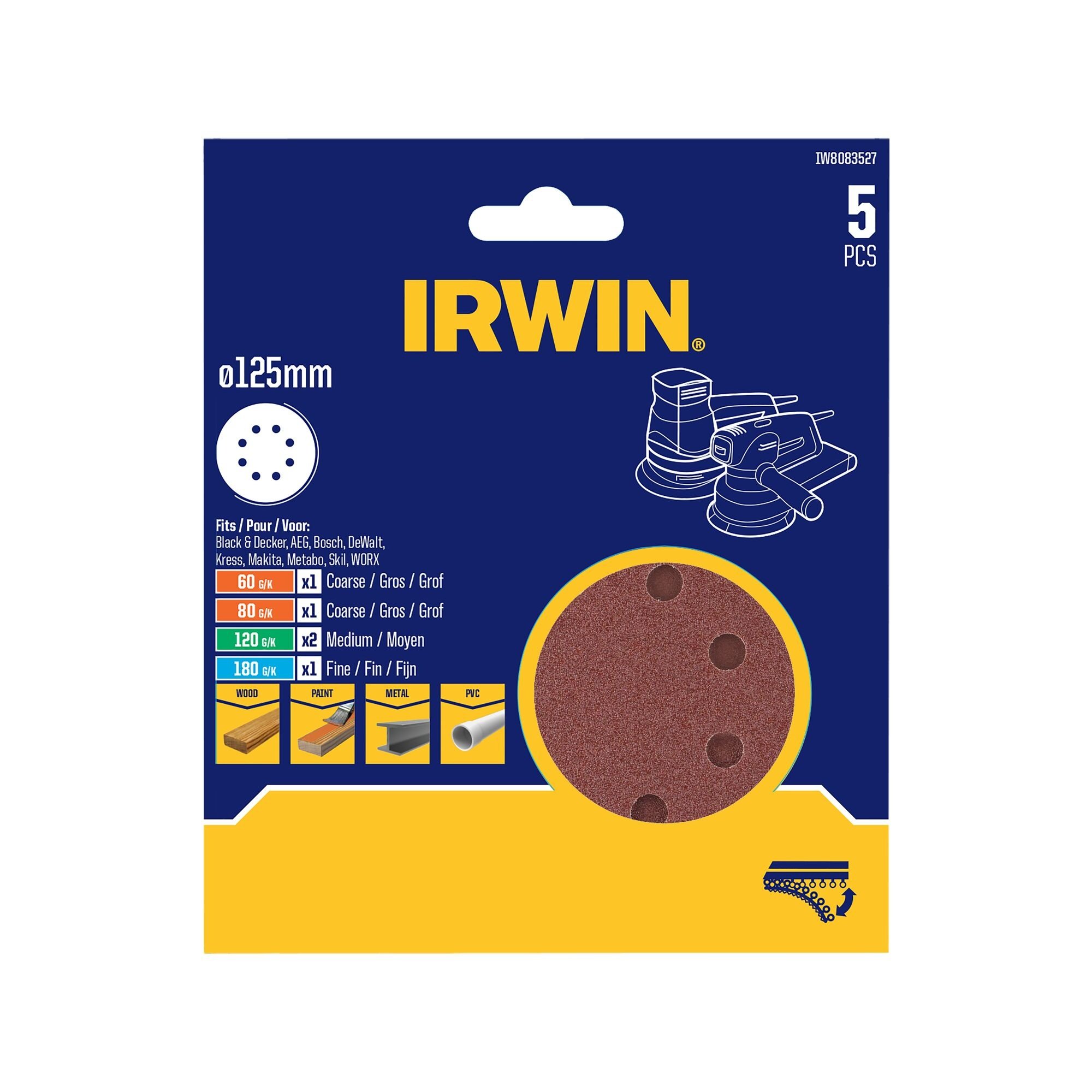 IRWIN Set Schuurschijven 5PCS excentrisch diameter 150mm met klittenband, 1x K60, 1x K80, 2x K120 en 1x K180. - Detailed view of the product