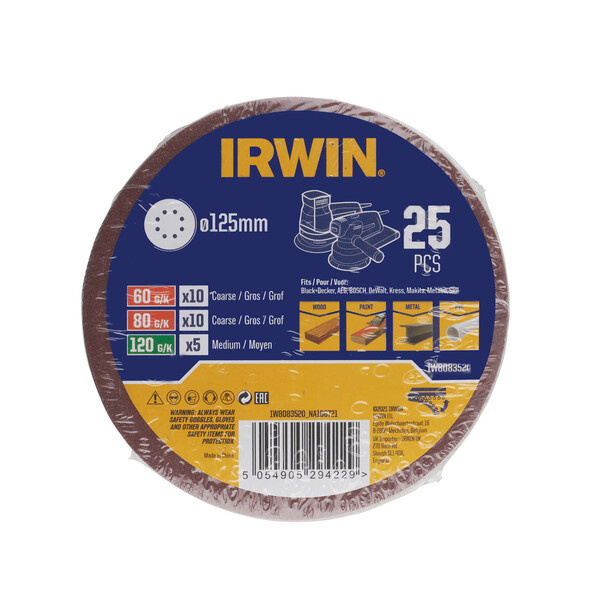 IRWIN Set Schuurschijven 25PCS excentrisch diameter 125mm met klittenband, 10x K60, 10x K80 en 5x K120. - Detailed view of the product