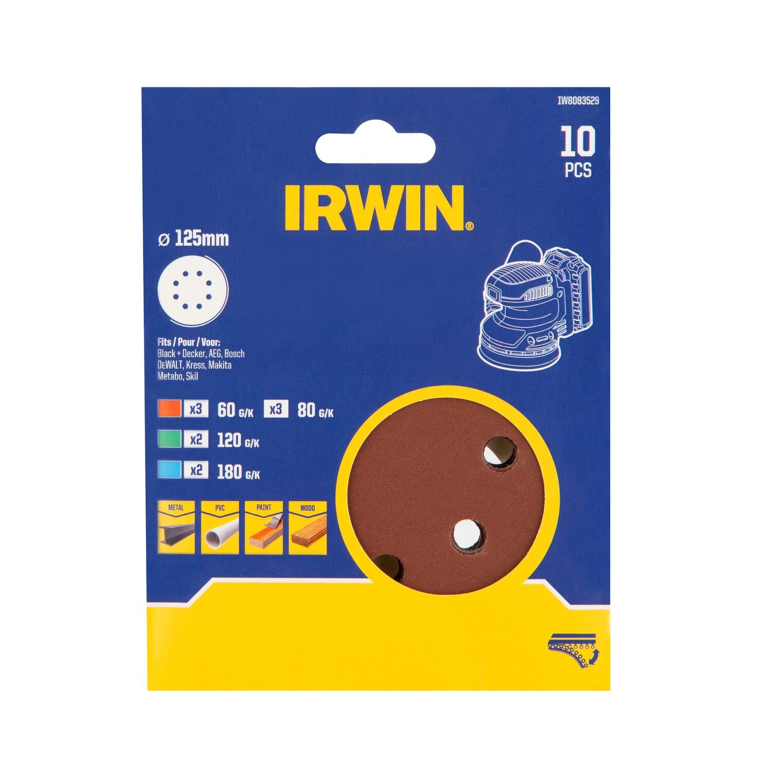 IRWIN Set Schuurschijven 10PCS excentrisch diameter 125mm, 3x K60, 3x K80, 2x K120, 2x K180 thumbnail 3