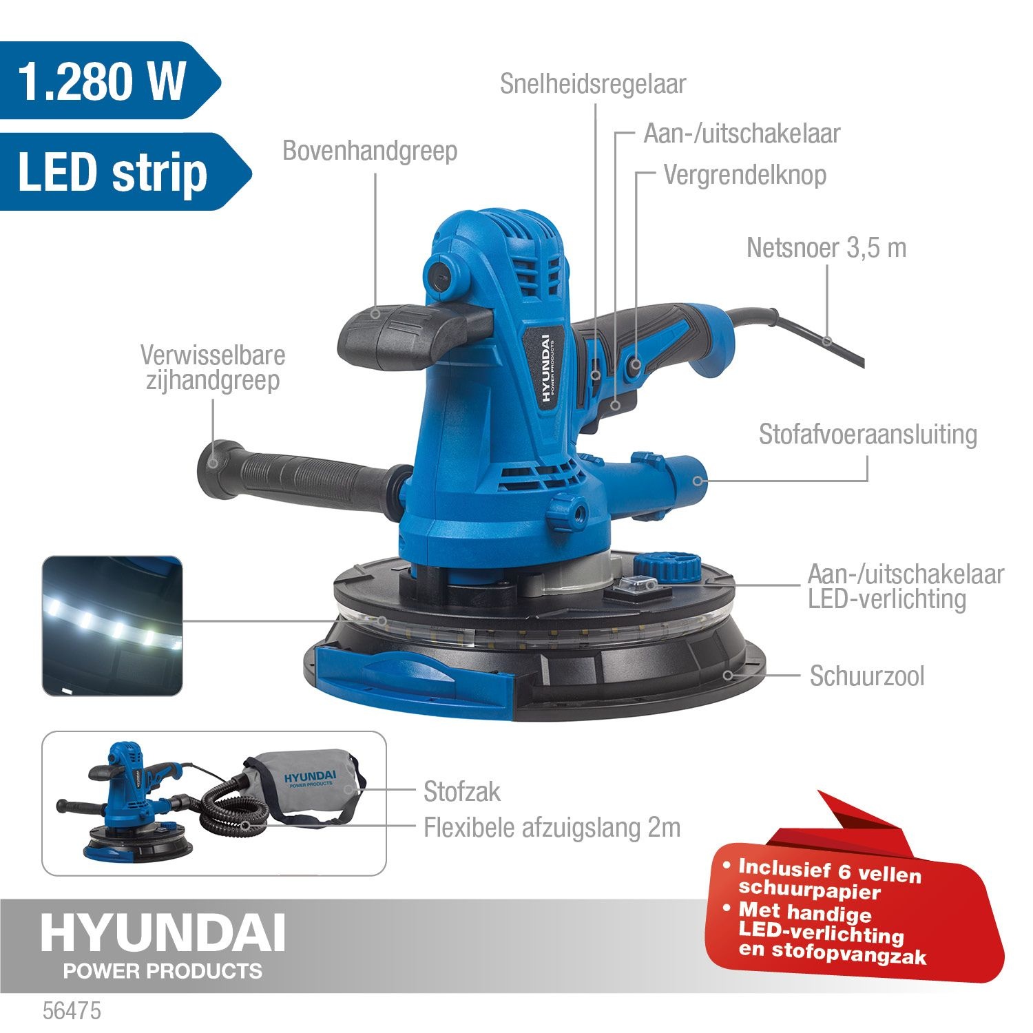 Hyundai wandschuurmachine 1280W LED verlichting - Detailed view of the product