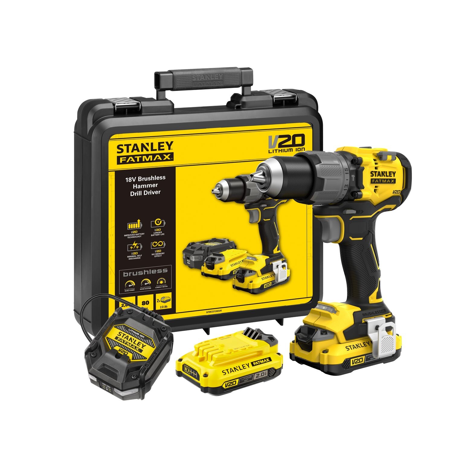 Stanley SFMCD726D2K Brushless V20 Li-Ion 18V Klopboormachine– Inclusief 2x 2.0Ah Accu, Lader en Koffer