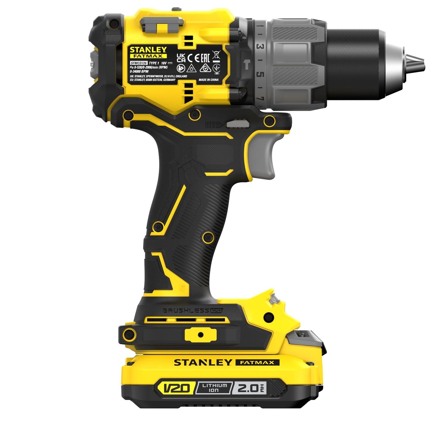 Stanley SFMCD726D2K Brushless V20 Li-Ion 18V Klopboormachine– Inclusief 2x 2.0Ah Accu, Lader en Koffer thumbnail 9