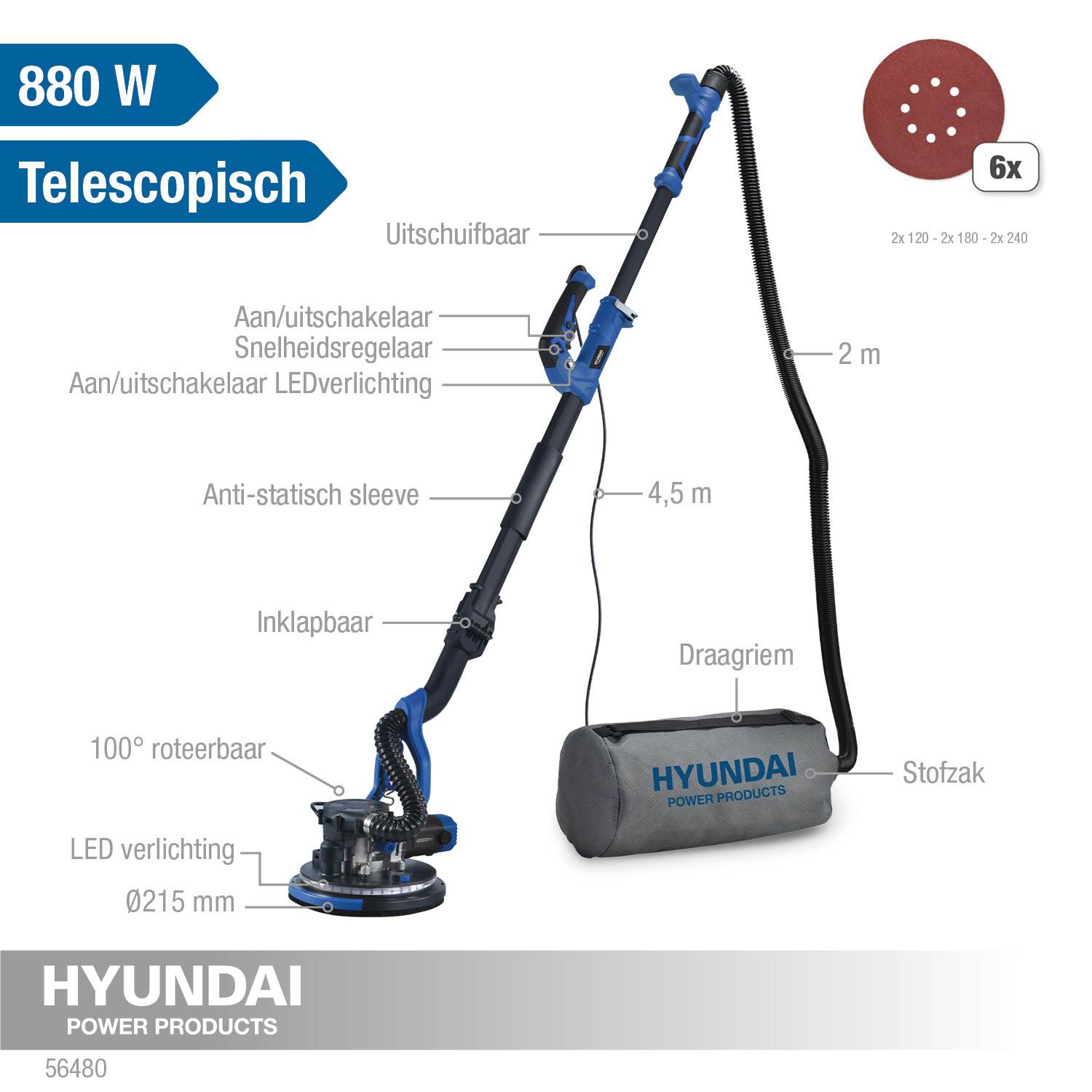 Hyundai wand- en plafond schuurmachine met LED licht 880Watt - Detailed view of the product