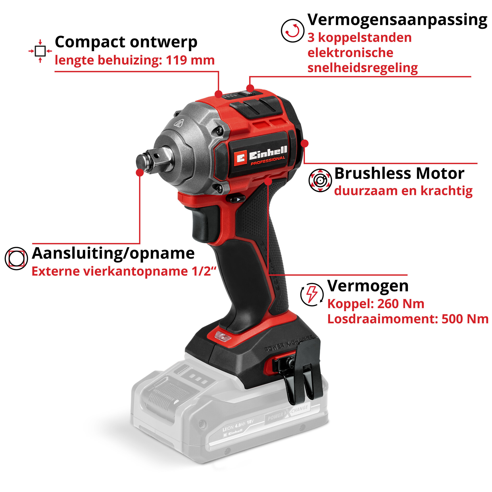 Einhell TP-CW 18/260-C Li BL Solo– Accu Slagmoersleutel (PXC) – 260 Nm - Detailed view of the product