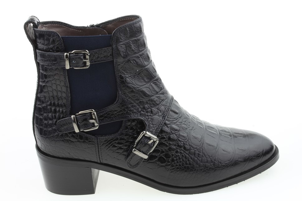 Pertini Dames Enkellaarsjes Blauw lak croco spits bootie | Van den Assem