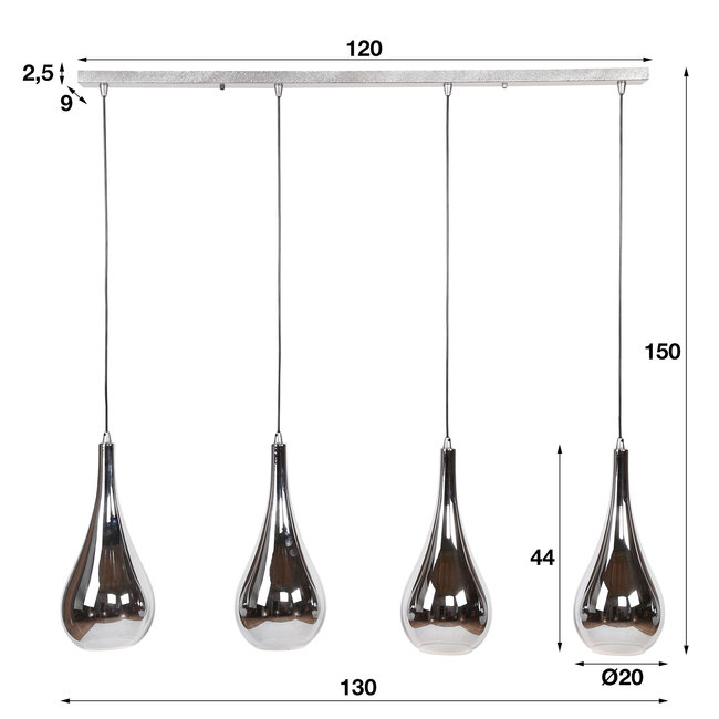 WoonStijl Hanglamp 4L silver drop glass