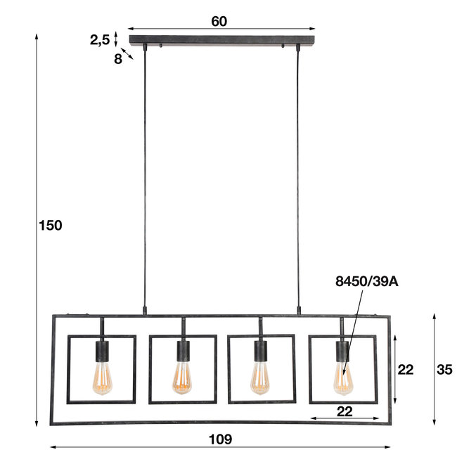 WoonStijl Hanglamp 4L Turn square / Charcoal