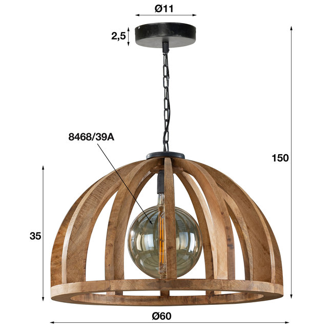 WoonStijl Hanglamp Ø60 gebogen houten spijlen / Massief mango naturel / Massief mango naturel