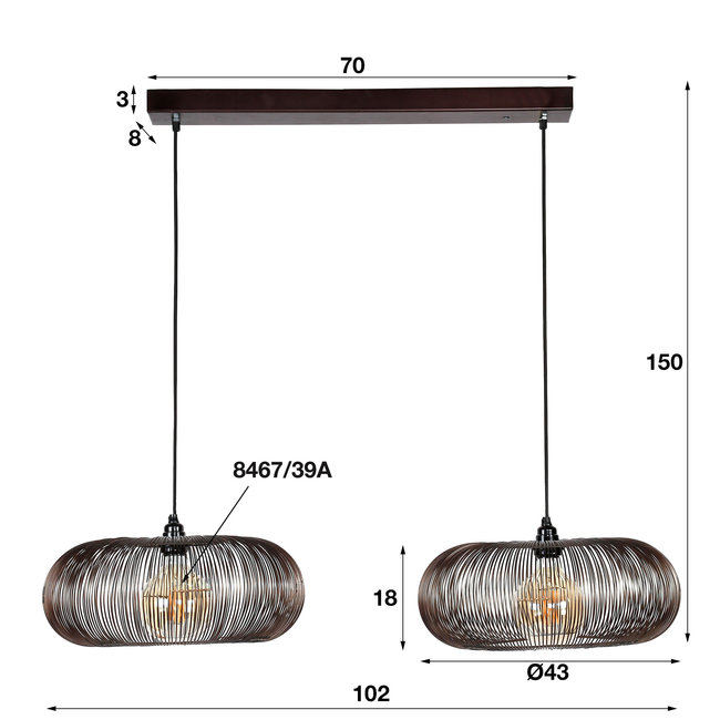 WoonStijl Hanglamp 2x Ø43 disk wire copper twist / Zwart nikkel