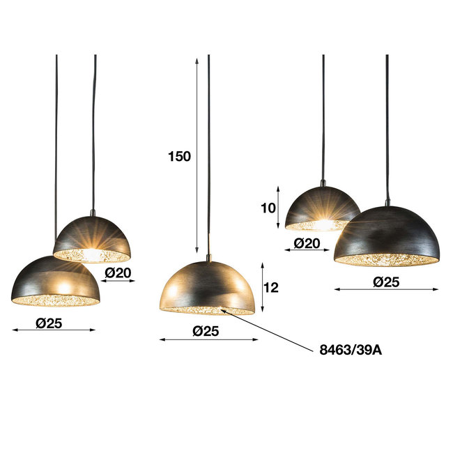 WoonStijl Hanglamp 5L met crossbar en old silvery mirror inside. / Old silvery finish