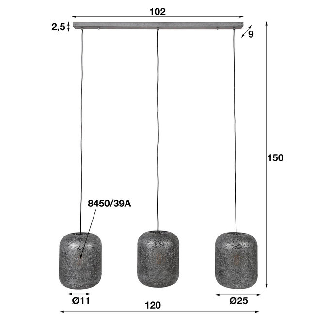 WoonStijl Hanglamp 3L etch / Oud zilver
