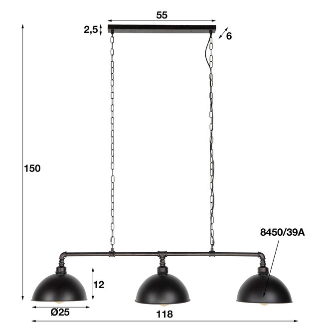 WoonStijl Hanglamp 3L Halfronde Kap-Industrial Tube